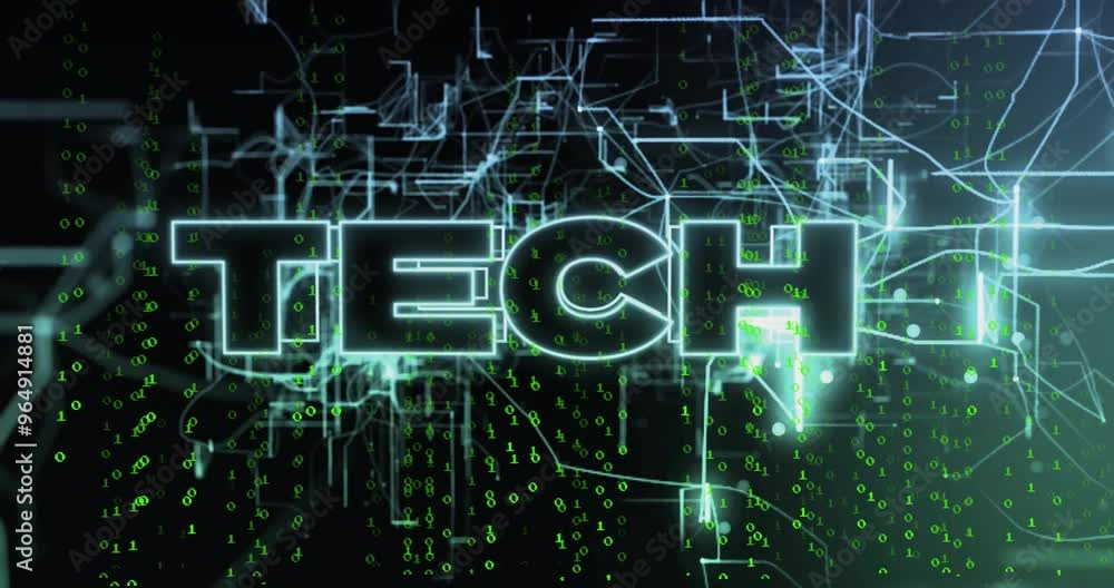 Poster Animation of tech text over data processing and connections on black background