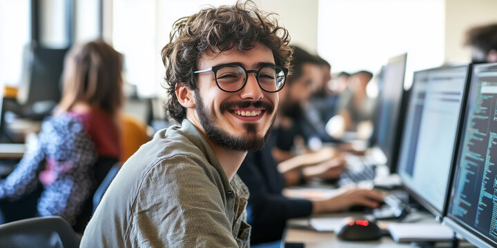 L&auml;chelnder Webentwickler im Gro&szlig;raumb&uuml;ro