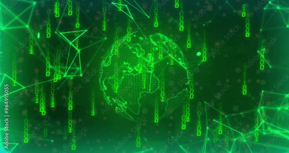 Poster animation of data processing and network of connections over globe on black background