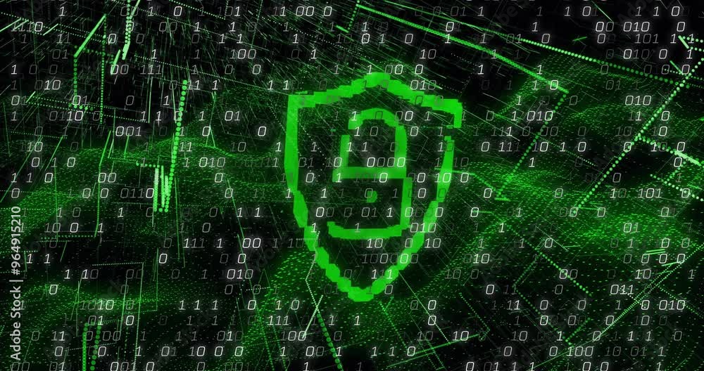 Poster animation of data processing over shield with padlock icon on black background