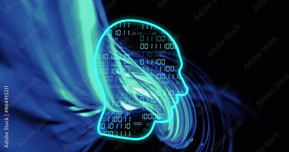 Poster animation of head silhouette with data processing over light trails on black background