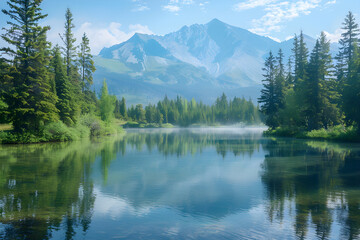 Serene Reflections: A Tranquil Lake Surrounded by a Forested Paradise Amidst Misty Mountains