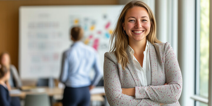 Brandmanagerin bei der Teamarbeit im Pr&auml;sentationsraum