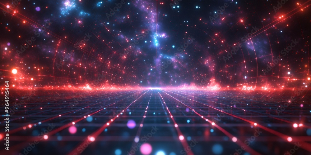Poster abstract glowing grid with red and blue lights in a dark space.