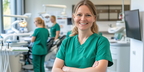 Obraz premium Zahnärztin steht im Behandlungsraum