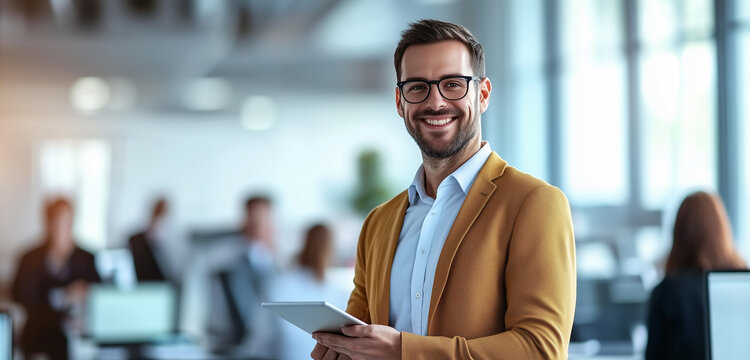 B&uuml;rokaufmann mit Tablet in hellem B&uuml;ro