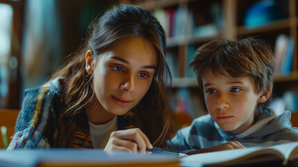 Mother and Child Reading and Taking Notes