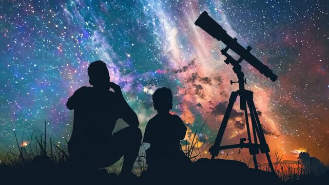 Father and son use a telescope to gaze starry night sky, enjoy outdoor astronomy 