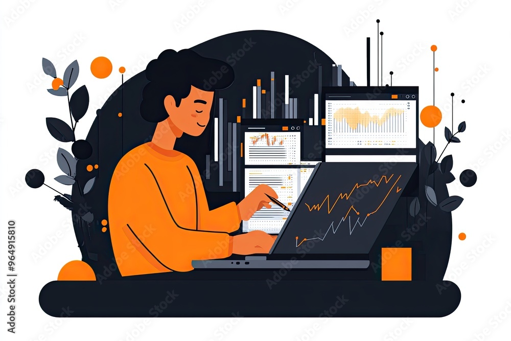 Poster a person analyzes data on a laptop. this image represents financial analysis and data visualization 