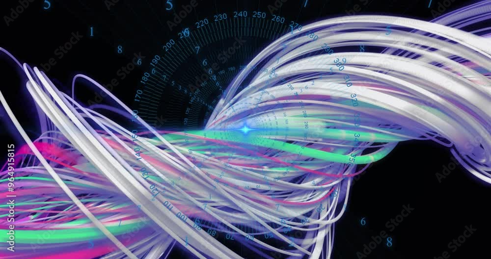 Poster animation of data processing over colourful lines on black background