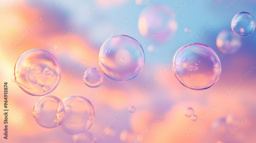 Poster soap bubbles floating in colorful sky at sunset, dreamy atmosphere. abstract concept