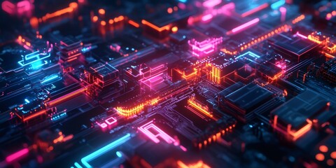 Obraz premium Abstract glowing neon lines and shapes in a futuristic tech setting.