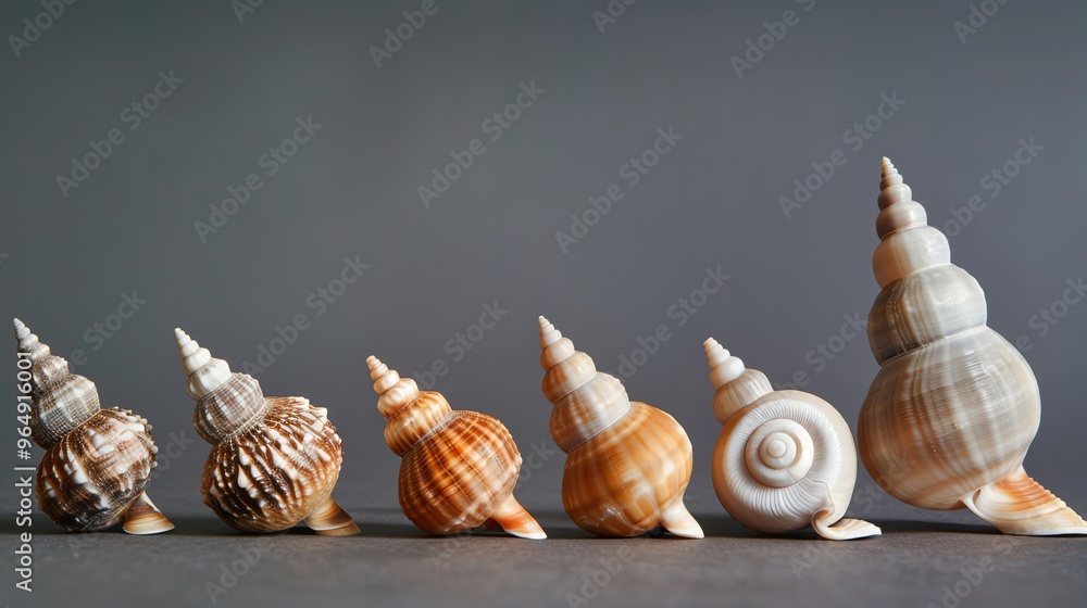 Poster a row of seashells of different sizes, lined up from smallest to largest.