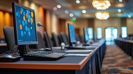 A computer sits on a table with a microphone, in a conference room setting. This image is ideal for use in articles and presentations about conferences, business meetings, and technology.