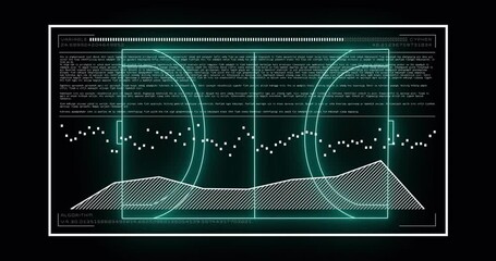 Animation of data processing over neon stadium on black background - Powered by Adobe