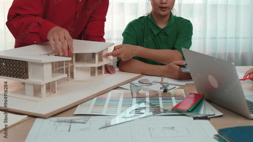 Poster slow motion interior designer using architectural equipment draw a blueprint while interior designer