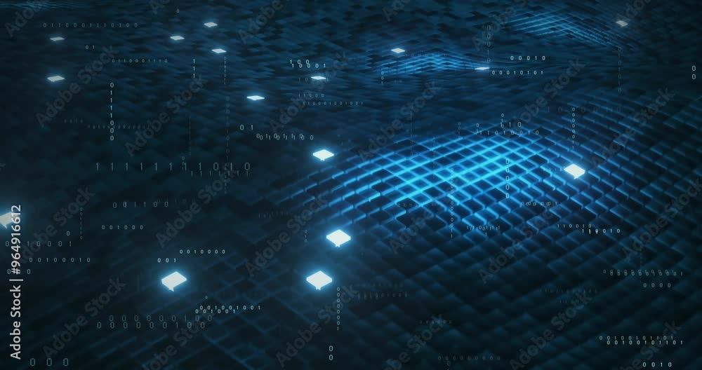 Poster animation of data processing over blue squares on black background