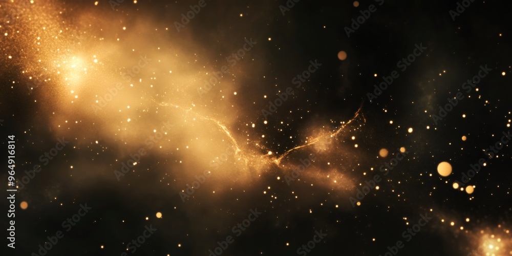 Poster abstract gold and black background with sparkling lights and bokeh effect.