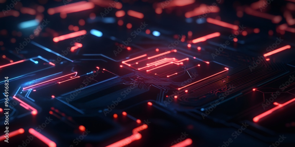 Poster abstract glowing red lines on a circuit board.