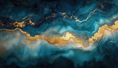 Abstract Blue and Gold Swirling Marble
