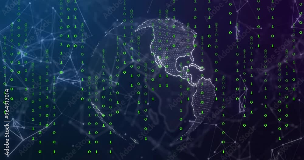 Poster animation of data processing over globe and network of connections on black background