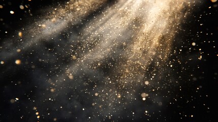 Obraz premium Abstract golden glitter on black background with blurred lights.