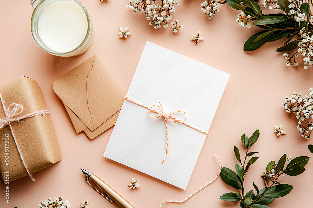 Poster a white card with a ribbon tied around it sits on a table with a pen