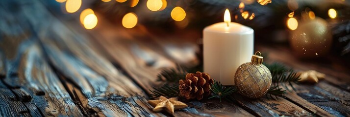 Advent wreath featuring a lit white candle alongside Christmas decorations on a wooden tabletop, creating a warm and festive ambiance.