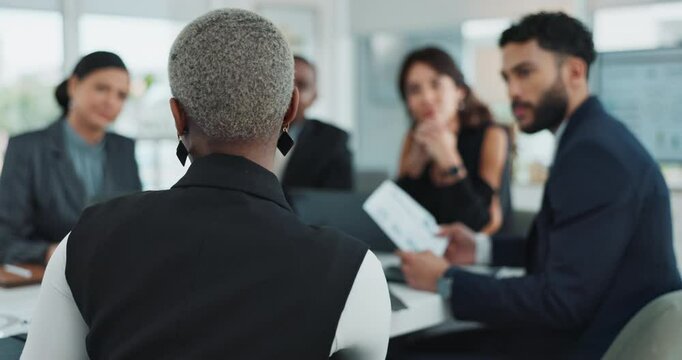 Back, business woman and question in office with team brainstorming or planning with paperwork. Group, asking and hand raised for answer with leader for project report with sales manager in meeting