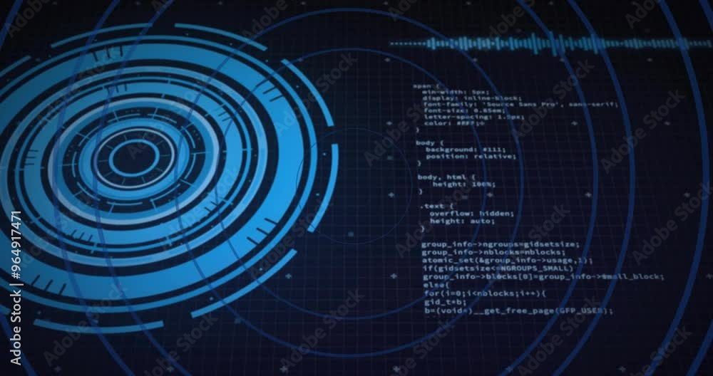 Poster Animation of circles over scope scanning and data processing on black background