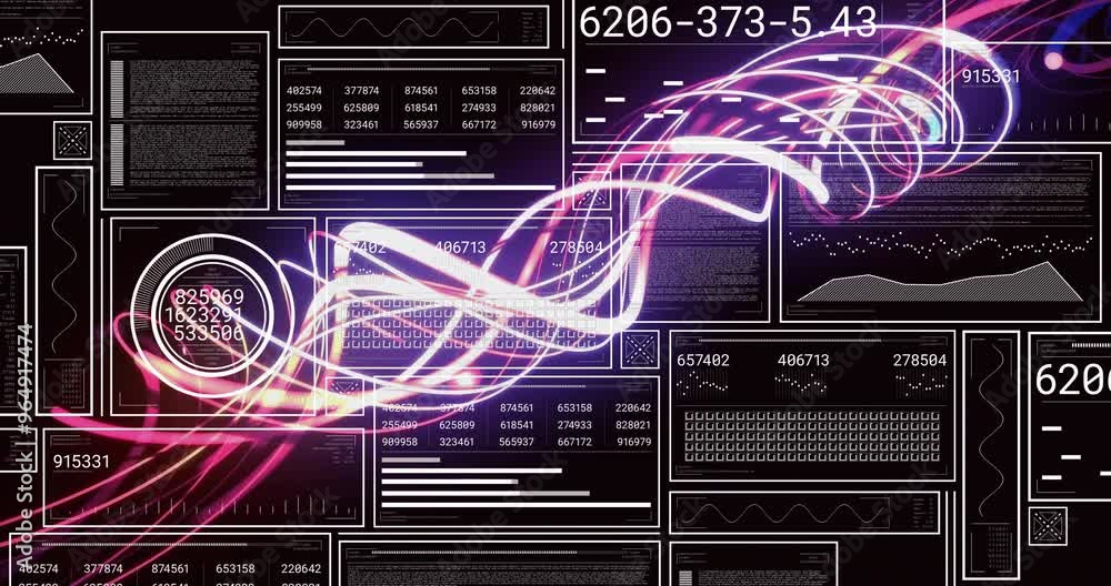 Poster animation of data processing over light trails on black background