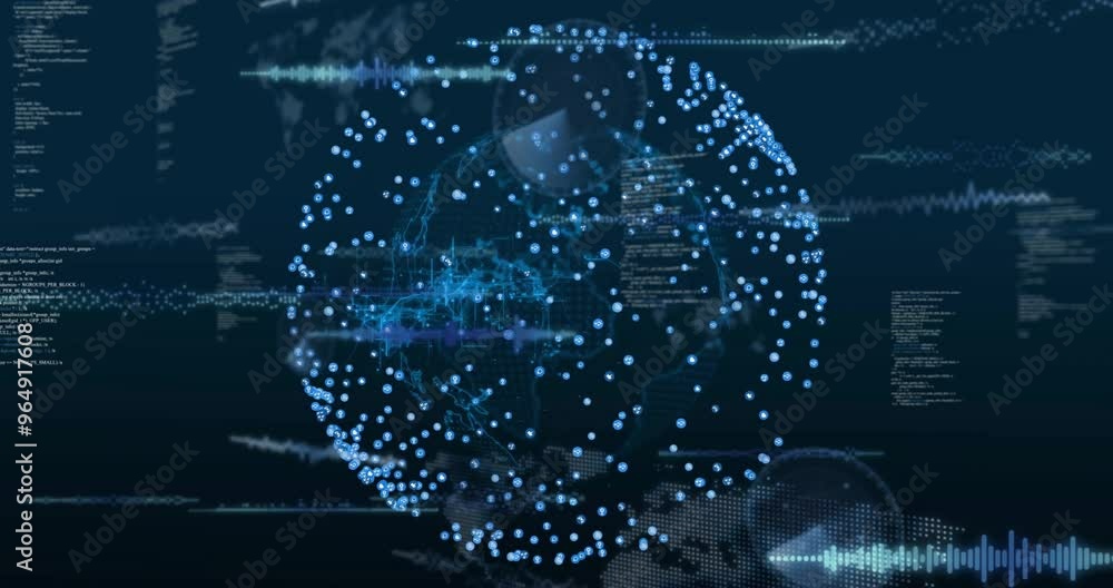 Poster animation of globe over data processing on black background