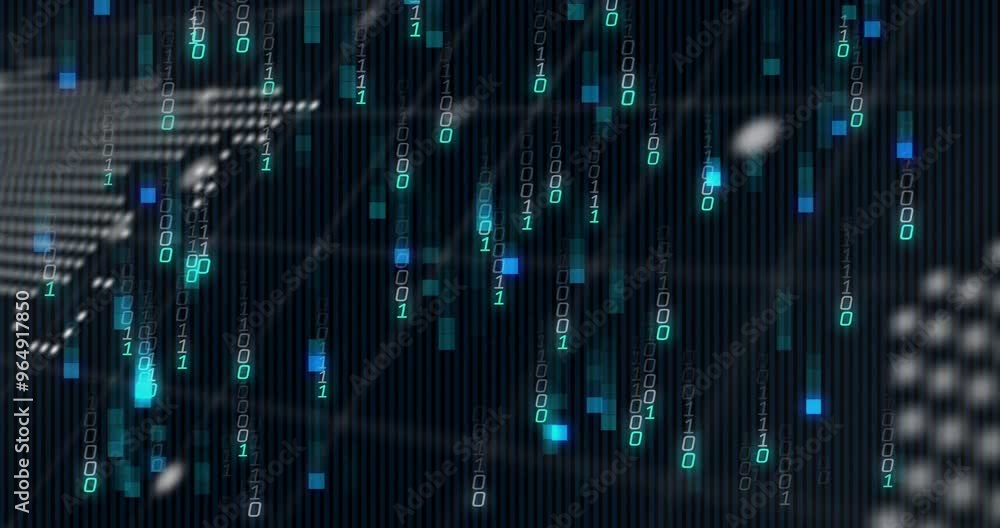 Poster animation of data processing over world map and globe on black background