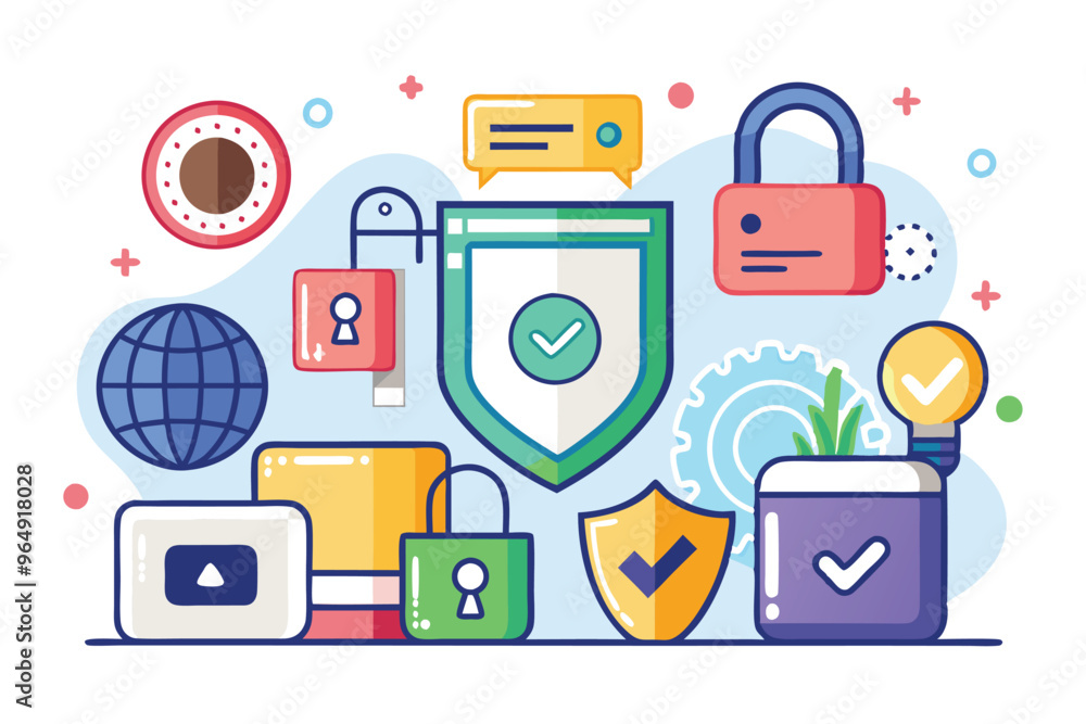 Poster Digital security concepts illustrated with colorful icons including locks, shields, and communication symbols on a light background, representing online protection strategies