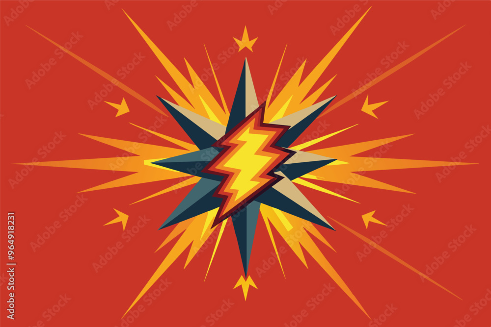 Poster brightly colored explosion graphic with dynamic shapes and lightning bolt motif, designed for a stri