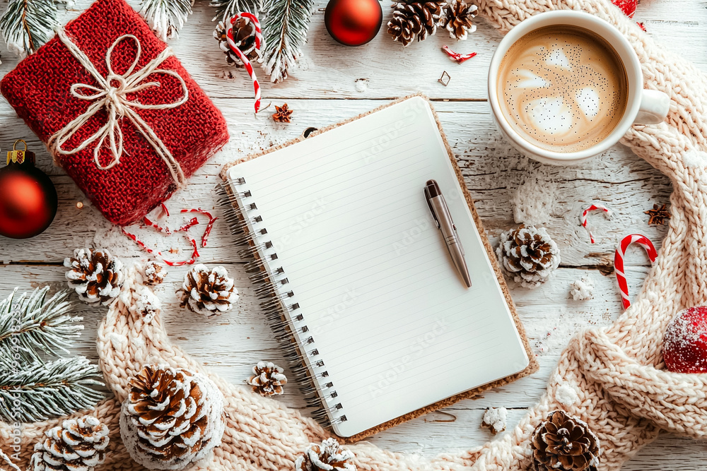 Poster a white notebook with a pen on it sits on a table with a red box