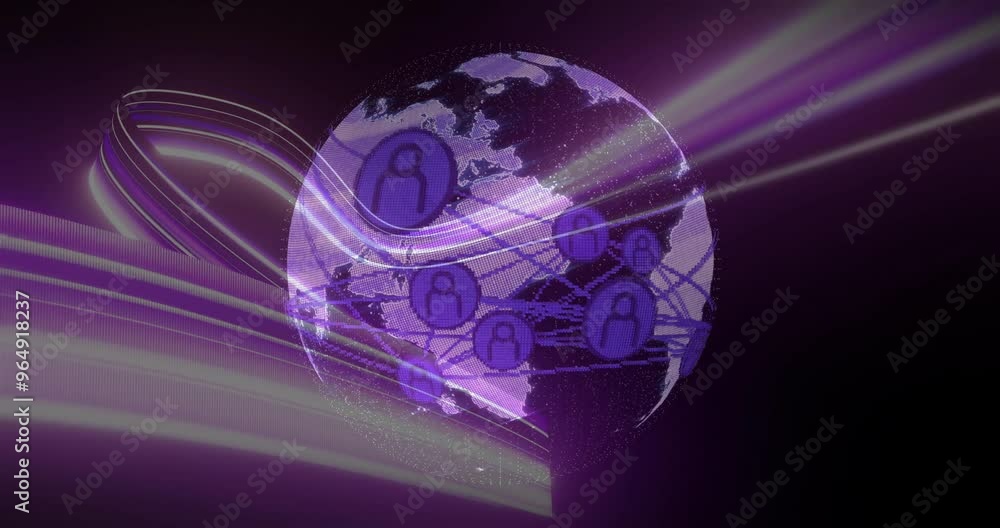 Poster animation of network of connections and light trails over globe on black background