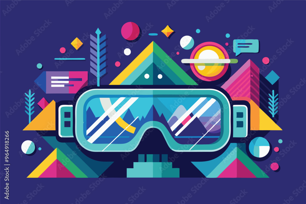Poster colorful retro virtual reality goggles design featuring geometric shapes and vibrant colors, creatin
