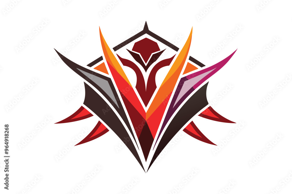 Poster creative logo design featuring vibrant colors and abstract shapes with a central emblem, symbolizing