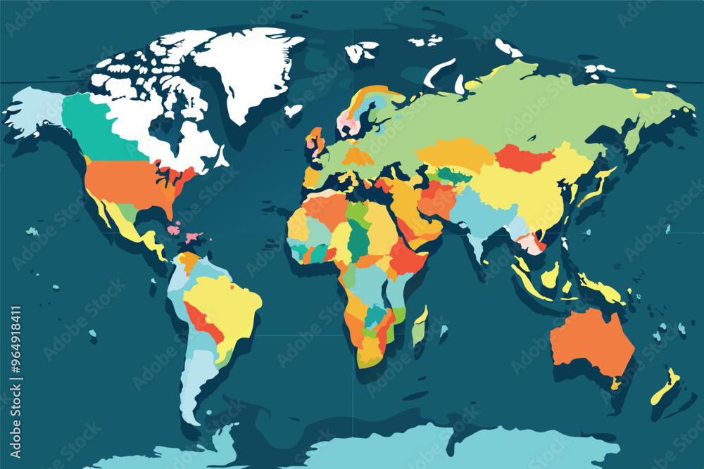 Poster a colorful world map highlighting countries with unique color associations representing geographical