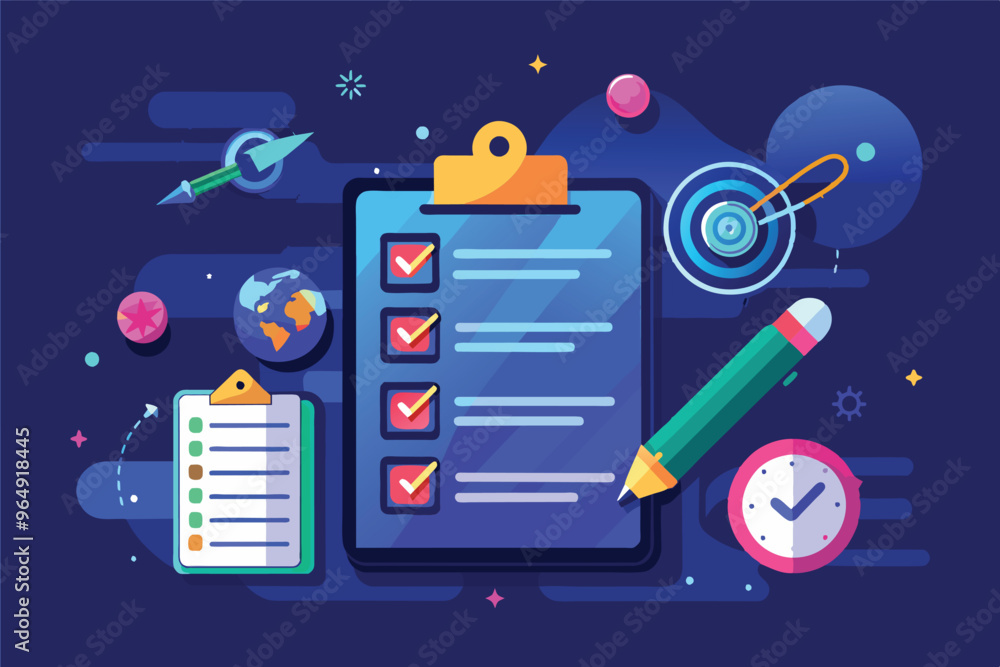 Poster a colorful checklist on a clipboard with checkmarks, surrounded by abstract shapes, representing org