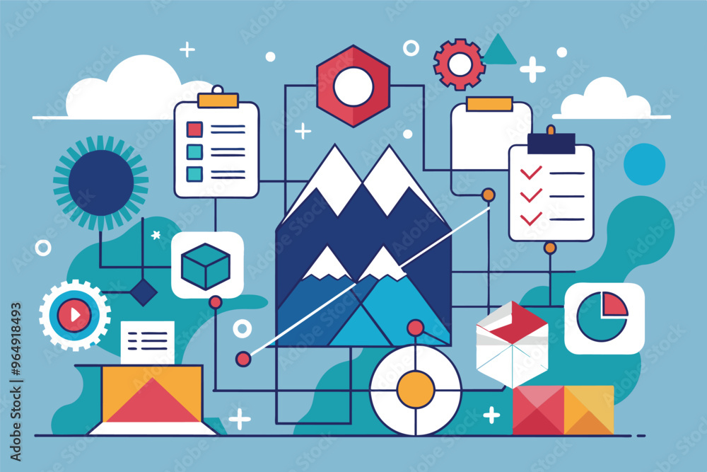 Poster colorful digital illustration showcasing various email and messaging icons interconnected with check