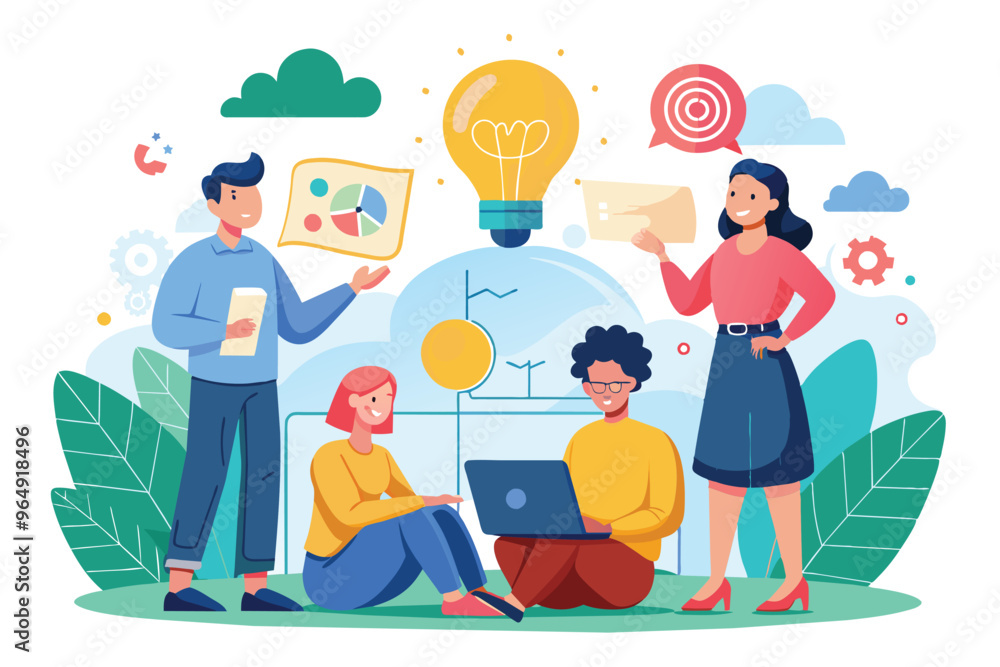 Poster group brainstorming session at a modern workspace with individuals discussing ideas using a laptop a