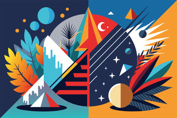 A vibrant split landscape illustrating contrasting nature and modernity during a sunny day with geometric shapes and colorful elements