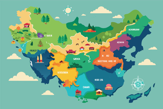 Vibrant illustrated map showcasing distinctive landmarks and regions of a fictional landscape with hills, forests, and buildings, illustrating unique features of the area