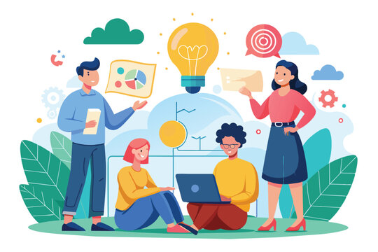 Group brainstorming session at a modern workspace with individuals discussing ideas using a laptop and light bulb imagery representing creativity and innovation