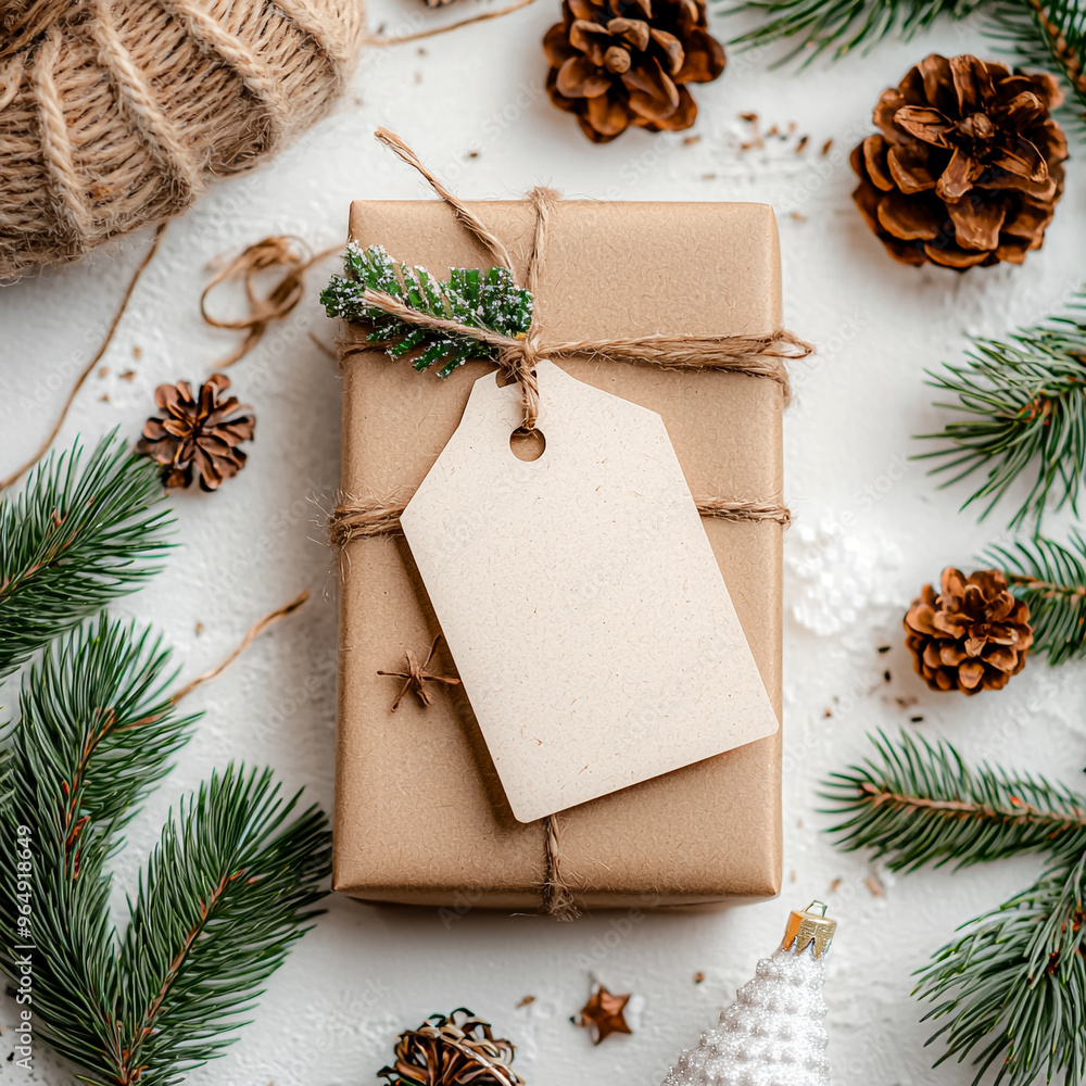 Poster a brown box with a tag on it sits on a table with pine cones and twine