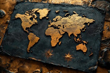 Golden World Map on a Black Background