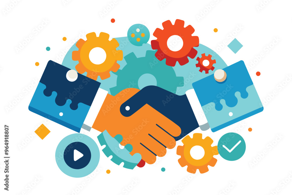 Aufkleber Two diverse hands shake in a collaborative gesture, symbolizing teamwork and partnership in a professional setting, with colorful gears adding an element of creativity