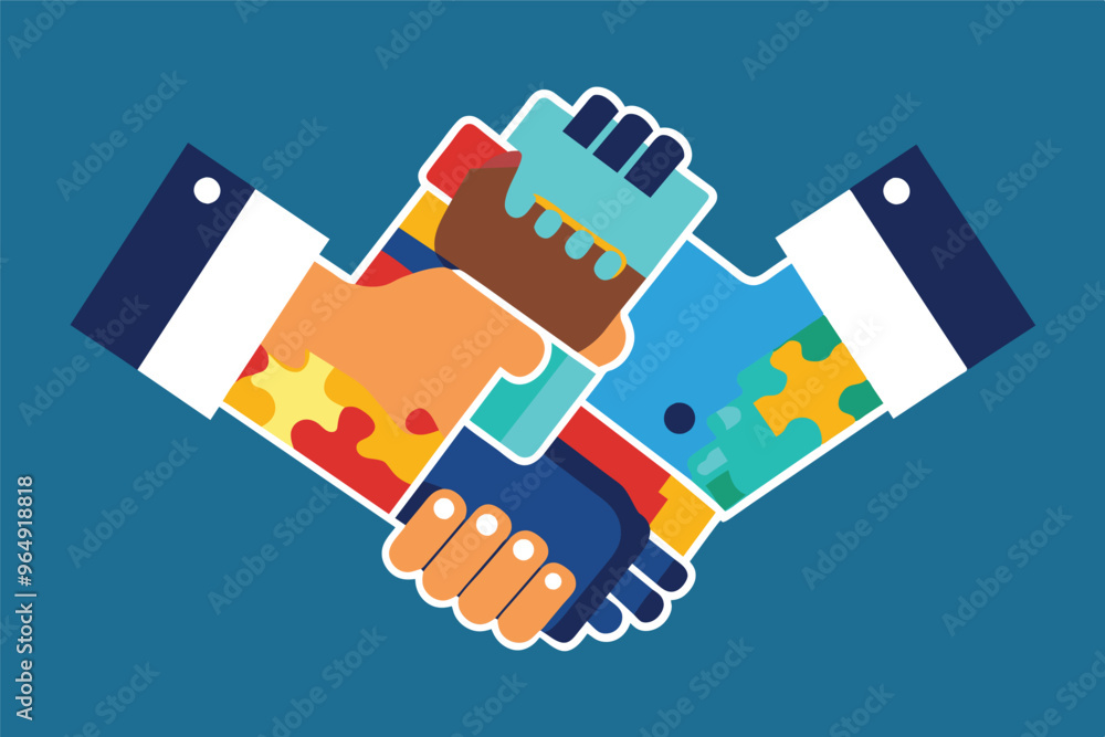 Leinwandbilder Two diverse hands shake in a collaborative gesture, symbolizing teamwork and partnership in a professional setting, with colorful gears adding an element of creativity